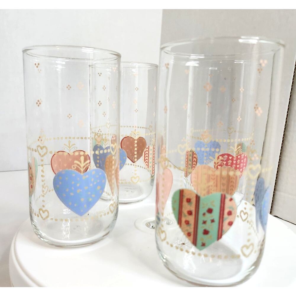 Vtg Retro Folk Art Glasses Tienshan Heartwarming Textured Tumblers Set of 4 - Picture 4 of 5